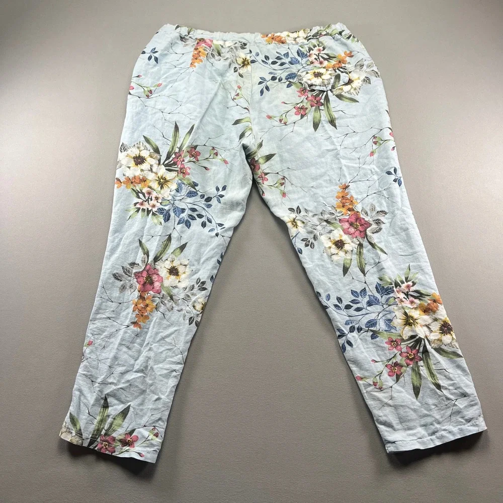 Kaktus Cropped Pants Womens Large Blue Botanical Mid Rise Pull On Straight Leg